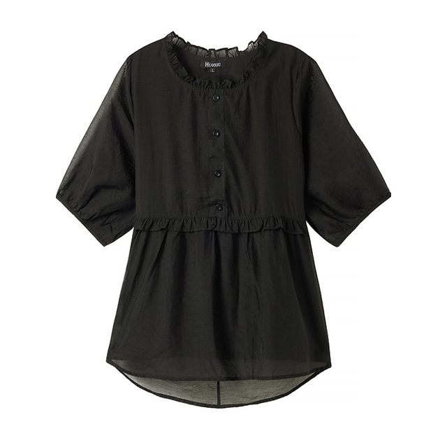 Black short-sleeved shirt for women in 2025 summer new fashion large size loose belly-covering chiffon shirt top
