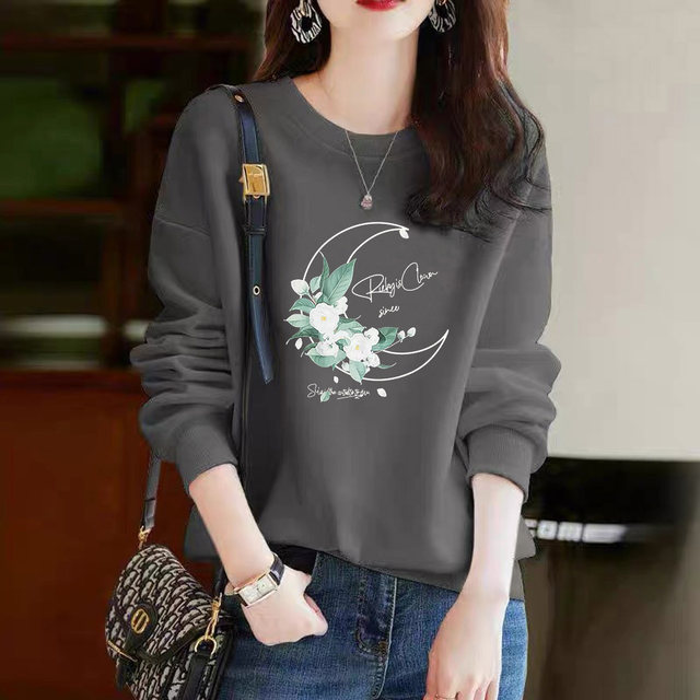 100 pure cotton sweatshirt high-end fashionable literary print large size 160Jin [Jin equals 0.5kg] fat girl slimming round neck pullover autumn and winter top