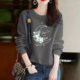 100 pure cotton sweatshirt high-end fashionable literary print large size 160Jin [Jin equals 0.5kg] fat girl slimming round neck pullover autumn and winter top