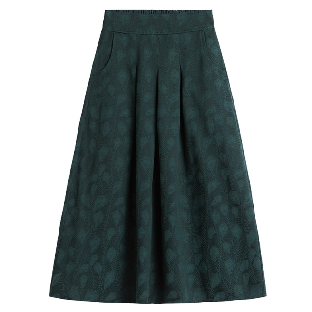 Literary retro printed skirt 2022 spring and autumn jacquard cotton linen pleated A-line skirt elastic waist long skirt for women