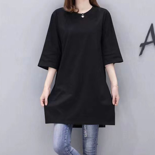 Top ladies mid-length loose 7-quarter sleeve T-shirt black celebrity internet celebrity Korean version summer solid color large size female fat mm