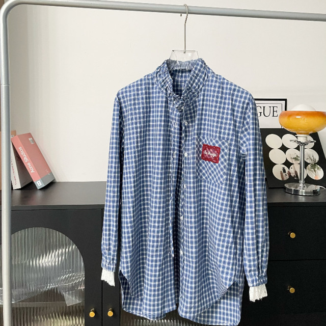 
le rouge Zhou Meimei Retro Academy Blue and White Plaid Lace Spliced ​​Label Drawstring Stand Collar Sunscreen Shirt