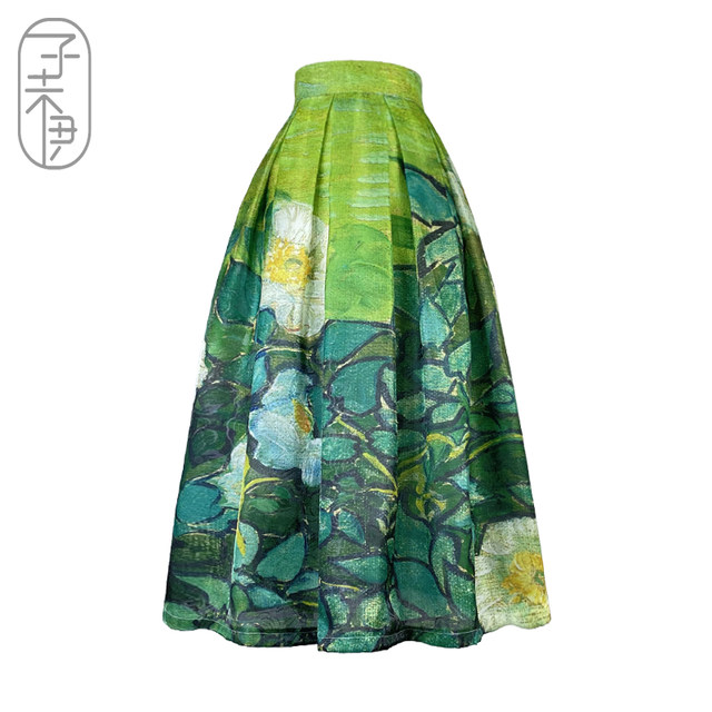 Zi Weiyi original printed A -line green umbrella skirt spring and autumn color summer women's puffy skirt retro high waist skirt
