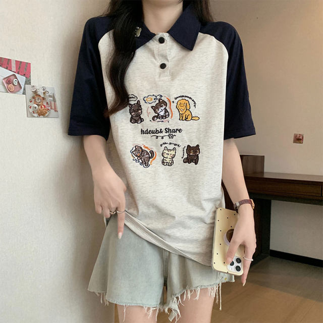 Cotton new POLO lapel stitching tide brand short -sleeved T -shirt women loose cartoon embroidery half -sleeved shirt