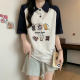 Cotton new POLO lapel stitching tide brand short -sleeved T -shirt women loose cartoon embroidery half -sleeved shirt