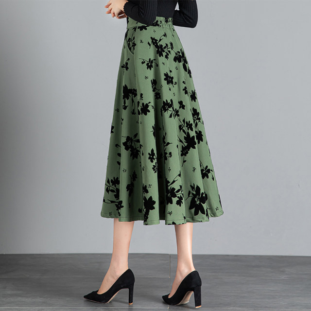 Women's Spring and Autumn 2025 new high-waisted A-line skirt to make you look slim mid-length printed pleated skirt large hem umbrella skirt