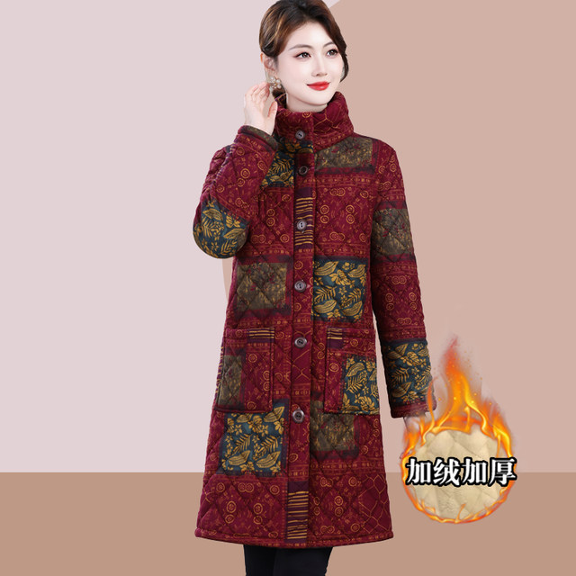 
Retro stand-up collar cotton coat for women in autumn and winter new style plus velvet and thickened fashionable warm mother's wear mid-length cotton coat for women