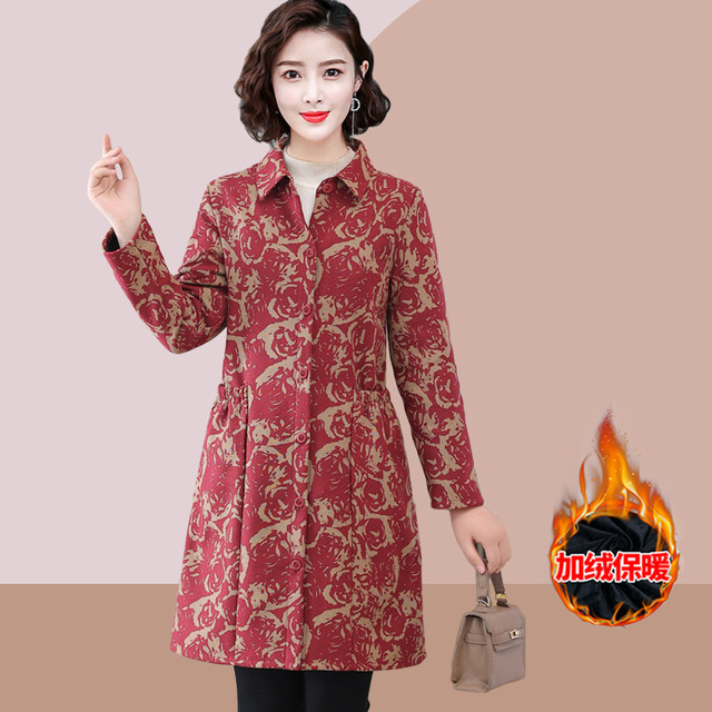 
Mother's clothing autumn and winter new velvet thickened windbreaker jacket middle-aged and elderly winter clothing mid-length warm floral top