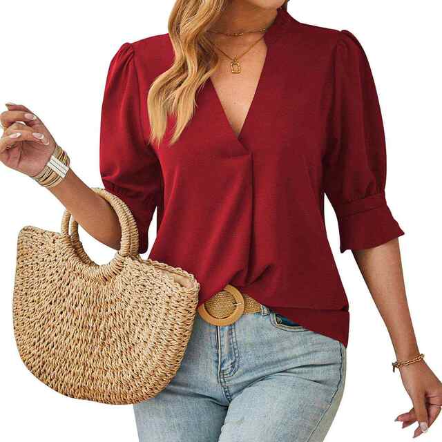 Cross-border European and American women's clothing 2024 Amazon Spring and Summer New Solid Color V-neck Mid Sleeve Comfortable Breathable Casual Top 723
