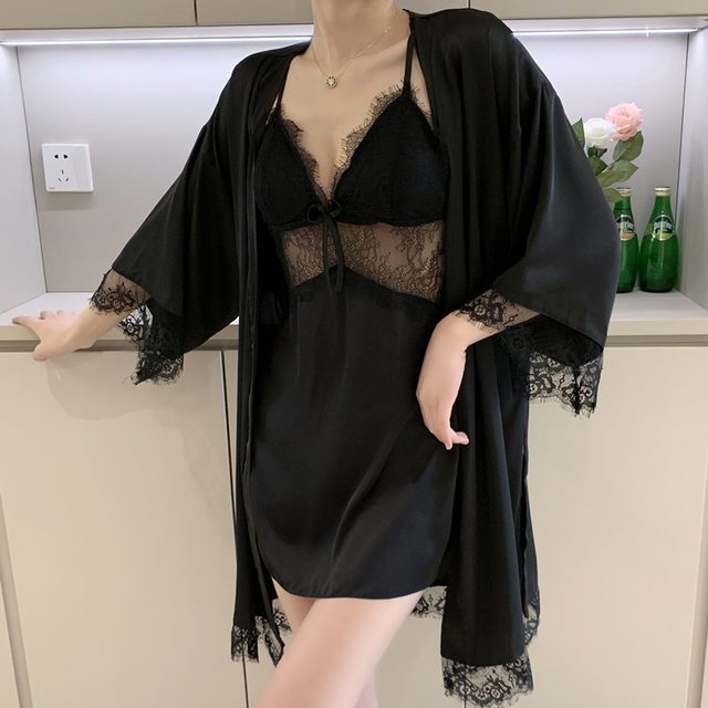Elegant purple ice silk high-end suspender pajamas main image 1
