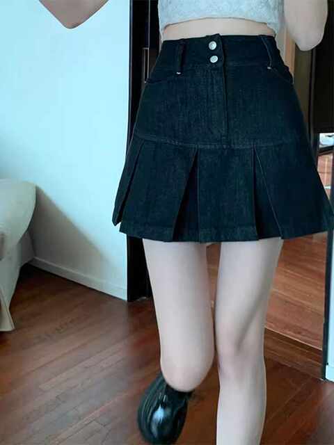 Retro high waist denim a-line shorts for women large size fat mm hot girl skirt washing cotton commuting pleated short skirt