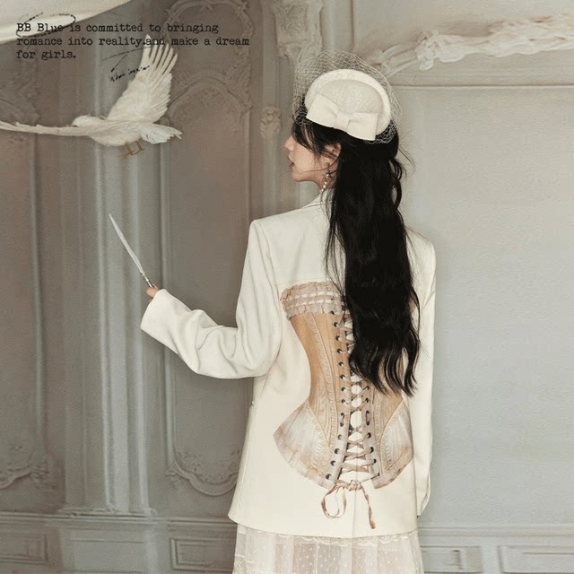 BB BLUE retro, fashionable, loose and versatile medieval waist, thin printed suit outer jacket female
