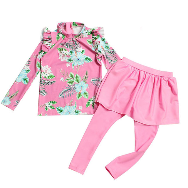 Girls' swimsuit Children's long -sleeved split princess skirt leggings, small middle school children Korean version girl hot spring swimsuit
