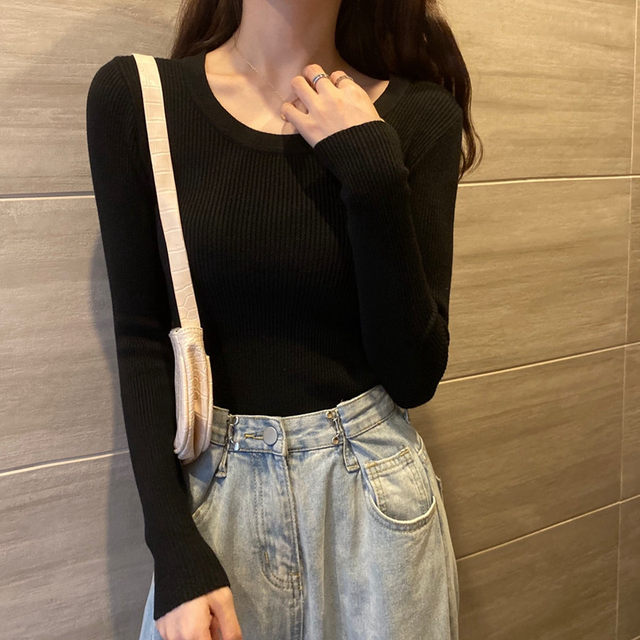 Large size fat mm solid color round neck long sleeve sweater autumn and winter new slim fit slim inner bottom shirt top for women