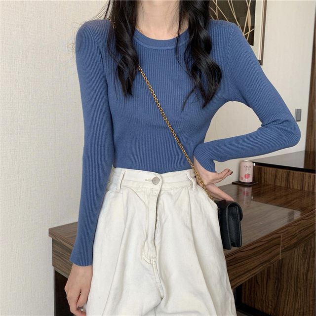 Large size fat mm solid color round neck long sleeve sweater autumn and winter new slim fit slim inner bottom shirt top for women