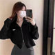 Large size autumn new Korean version versatile double zipper long-sleeved sweatshirt jacket loose slimming short polo collar top