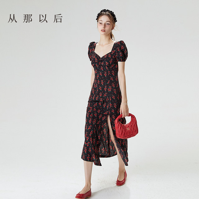 Since then, French floral dress short-sleeved tea skirt seaside vacation style red skirt women's summer new style