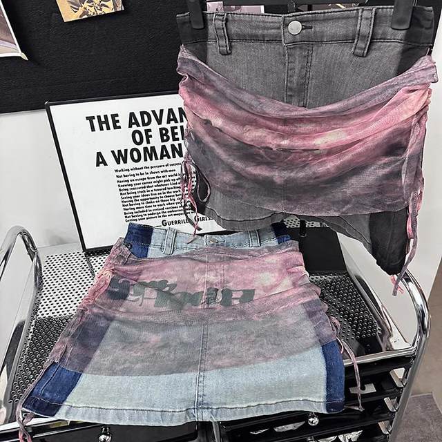 Design-sensible mesh splicing denim skirt for women in summer high-waisted A-line high-end hip-pack skirt skirt
