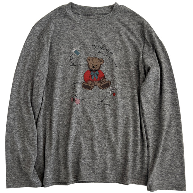 Korean version of retro old gray cartoon printed round neck long-sleeved T-shirt for women loose lazy inner bottom shirt autumn and winter