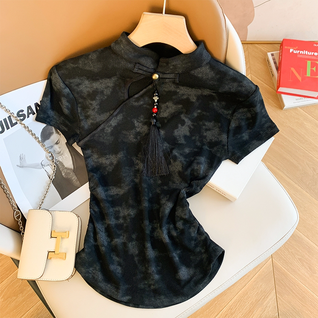 White new Chinese style tie-dye short-sleeved T-shirt for women in 2025 summer new stand collar to make them look slim and cover the flesh and shoulder top