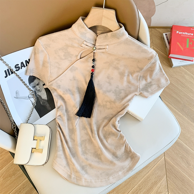 White new Chinese style tie-dye short-sleeved T-shirt for women in 2025 summer new stand collar to make them look slim and cover the flesh and shoulder top
