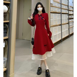 Large-size retro-improved cheongsam red dress autumn and winter fatmm waists slim back to the door toast dress