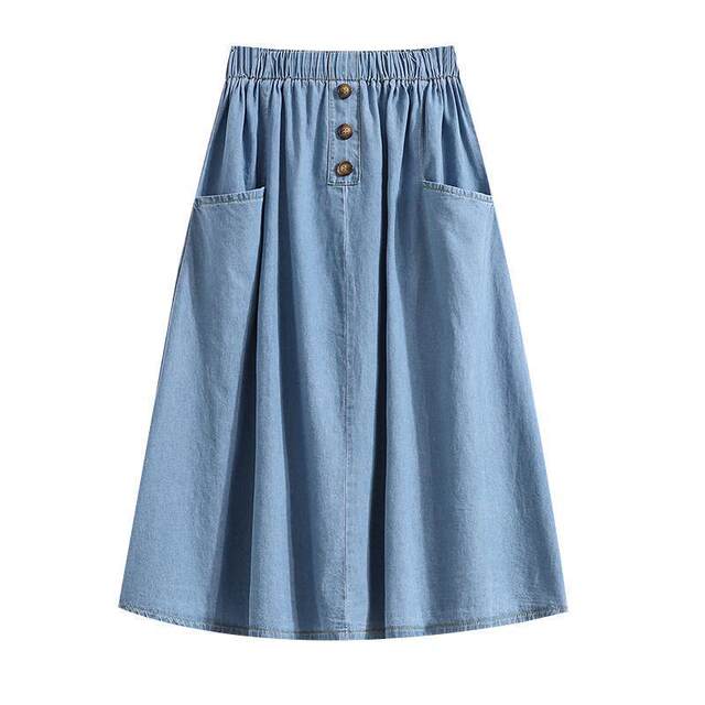 Denim skirt elastic waist solid color 2023 spring and summer new style literary mid-length large pocket button a-line skirt