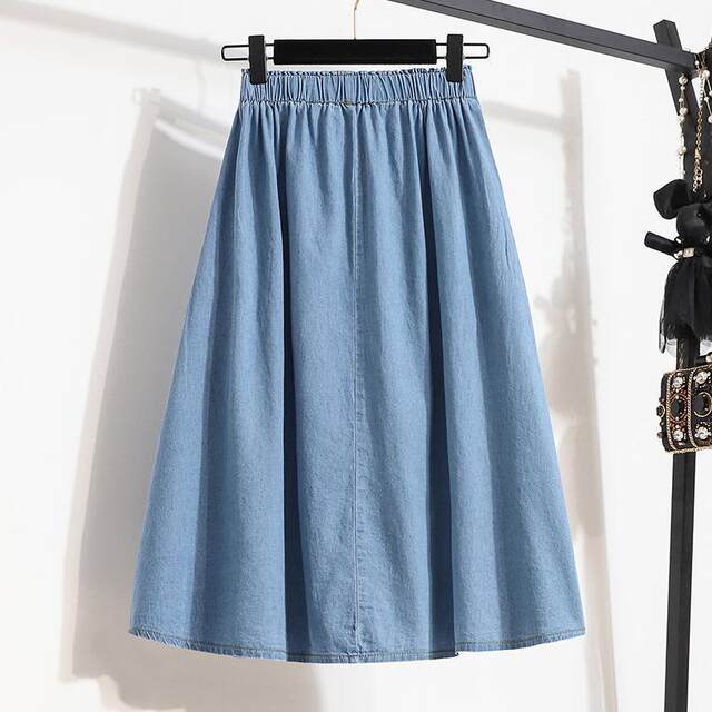 Denim skirt elastic waist solid color 2023 spring and summer new style literary mid-length large pocket button a-line skirt