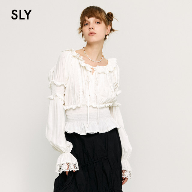 SLY Sweet Lady Style One-Line Collar Bow Flap Sleeve Lace Lace Shirt Women 038HAZ30-0281