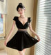 Sexy low-cut v-neck lace spliced ​​short-sleeved dress for work at nightclubs
