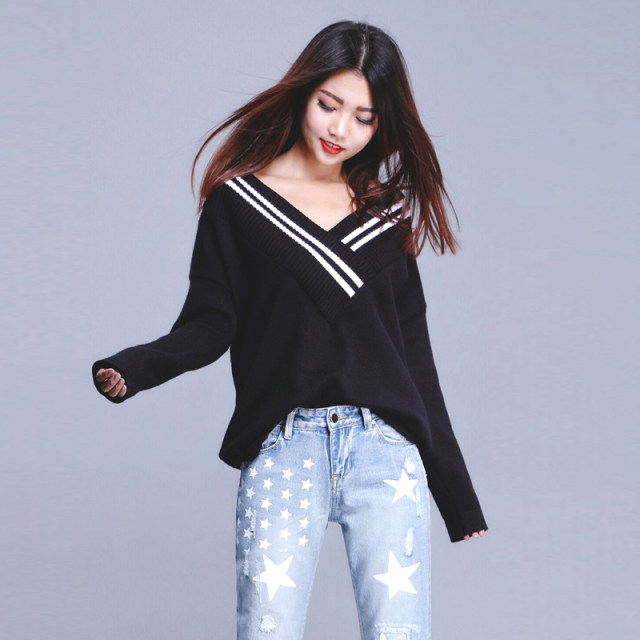 Fei Color European Station Lazy Loose Large Size Long Sleeve Pullover Mid-Length Black Low Large V-Neck Sweater Knitwear for Women
