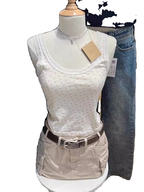 BM style brandy same American lace floral wide shoulder strap vest pure suspender hot girl top shorts women