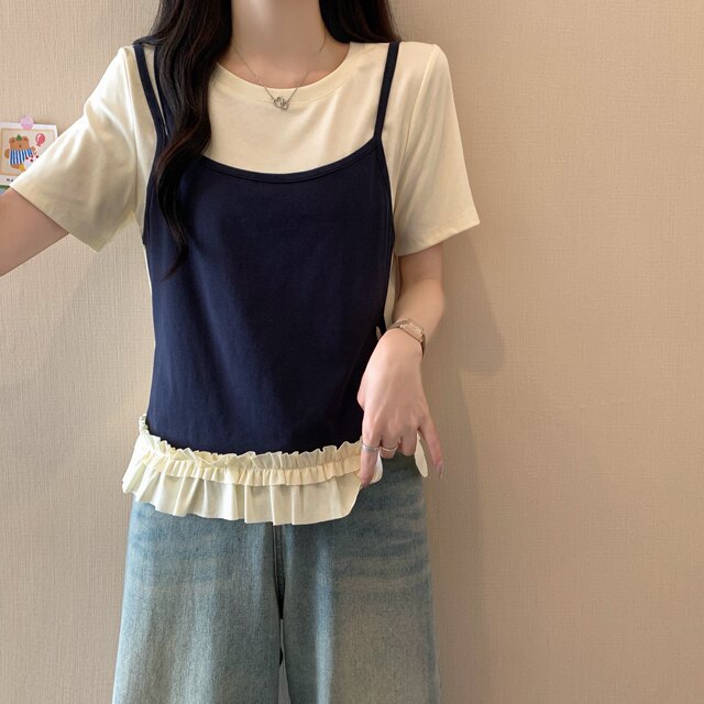 Large size high-end slinging suspender splicing fake two-piece short-sleeved T-shirt for women in summer fat MM covering belly to make them look slim and ruffled top
