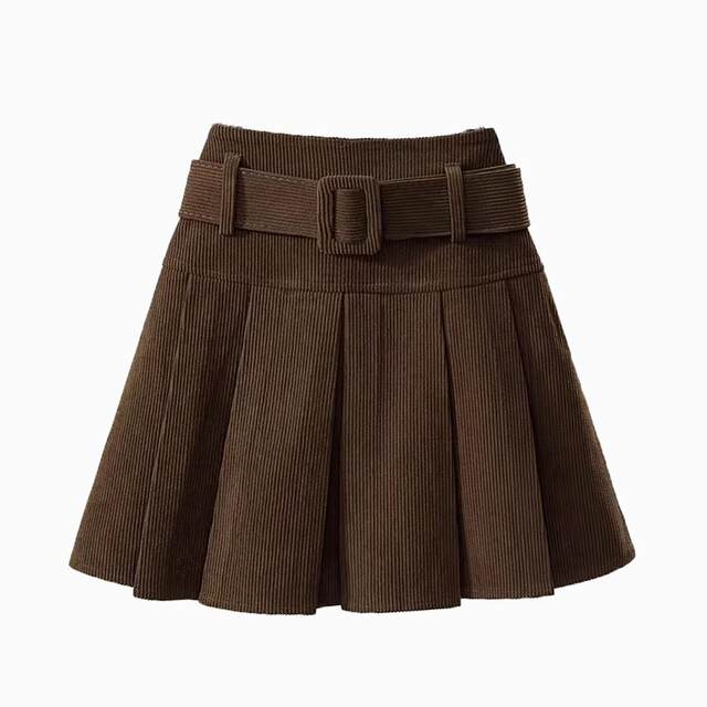 Corduroy pleated skirt autumn and winter 2025 new high-waisted slim niche A-line short skirt for women with leather belt skirt
