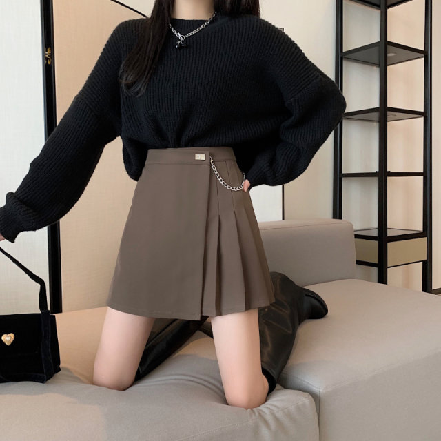 Retro college skirt for women with autumn chain A-line high waist design Korean version slim sweet and cool irregular short skirt