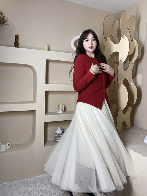 M Meat Roller House Smash Large Size Women's Fat mm Mesh Loose High Waist Slim Sweet French versatile autumn and winter skirt