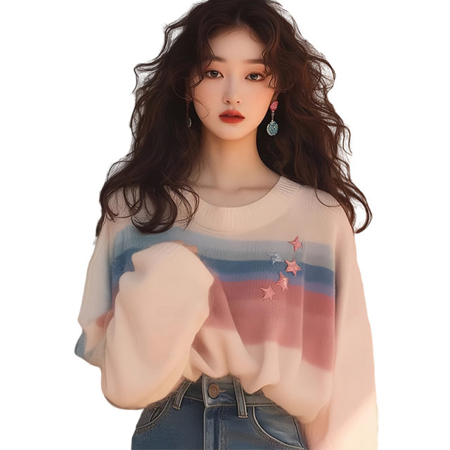 Rainbow striped round neck long sleeve sweater knitted sweater women's design niche high-end top women's new 2024 style