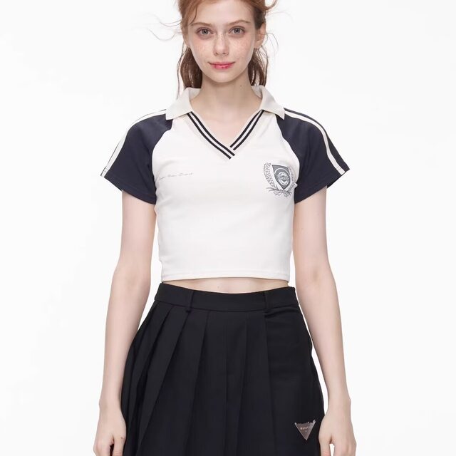 American retro v-neck contrasting color rag-shoulder short-sleeved T-shirt for women's summer high waist slim navel exposed short polo shirt hot girl top