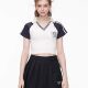 American retro v-neck contrasting color rag-shoulder short-sleeved T-shirt for women's summer high waist slim navel exposed short polo shirt hot girl top