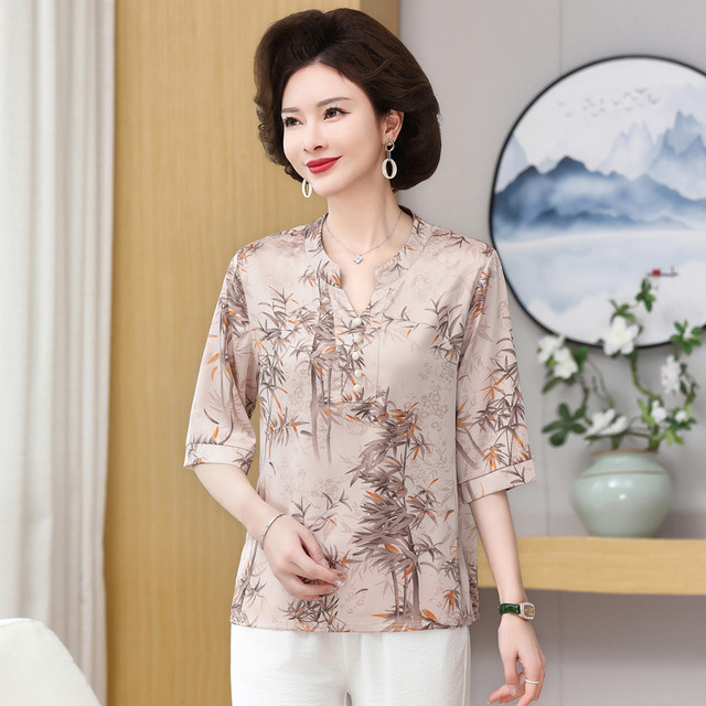 Mom's summer fashionable Chinese style half-sleeved T-shirt middle-aged and elderly women's temperament covered with belly chiffon shirt loose large size top