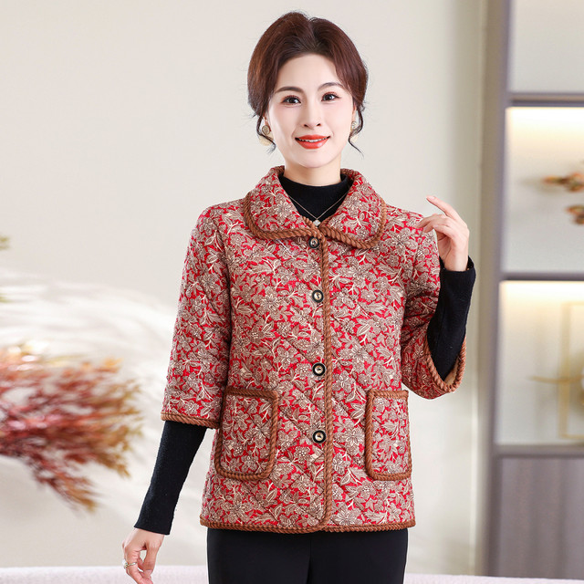 
Middle-aged and elderly women's clothing autumn and winter plus velvet three-quarter sleeves cotton vest mother's loose vest thickened warm sleeves cotton coat