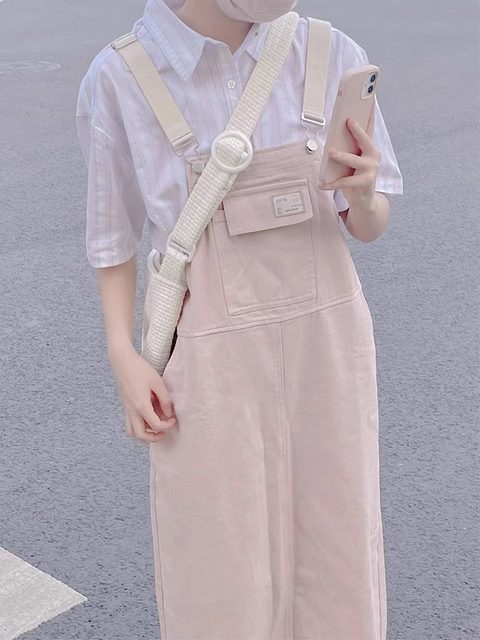 Fat mm pear-shaped body pink strap skirt large size loose and slim Japanese style belly-covering and age-reducing mid-length dress
