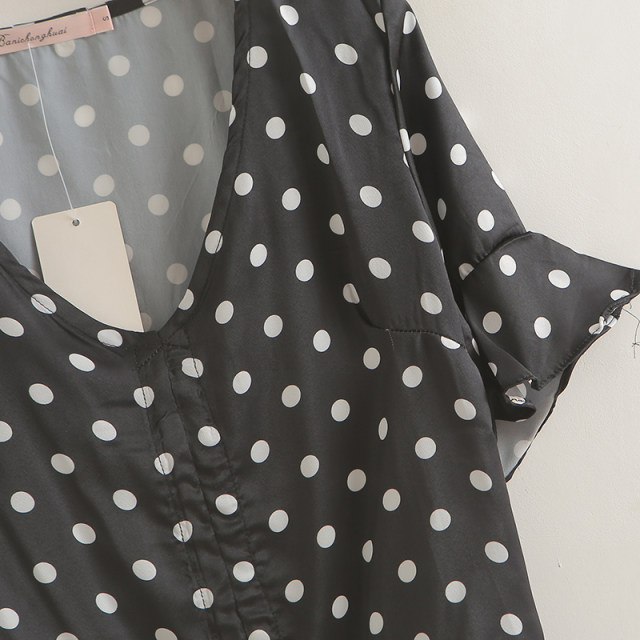 
Drawstring V-neck polka dot flared sleeve chiffon shirt for women 2025 summer new versatile slim T-shirt top temperament shirt