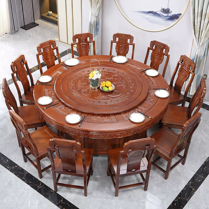全实木餐桌椅组合15人大圆桌酒店电动大圆桌18人中式