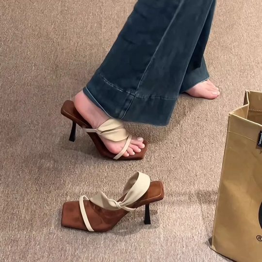 French style beautiful small high heels for women 2025 summer new square toe open toe sandals temperament retro single shoes heightening slippers