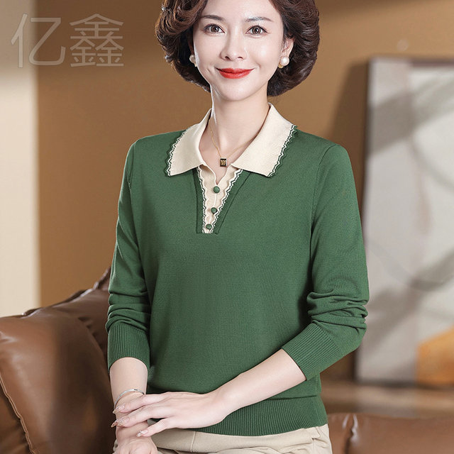 
Mom autumn lapel sweater T-shirt top fashionable middle-aged and elderly women's long-sleeved thin sweater base shirt