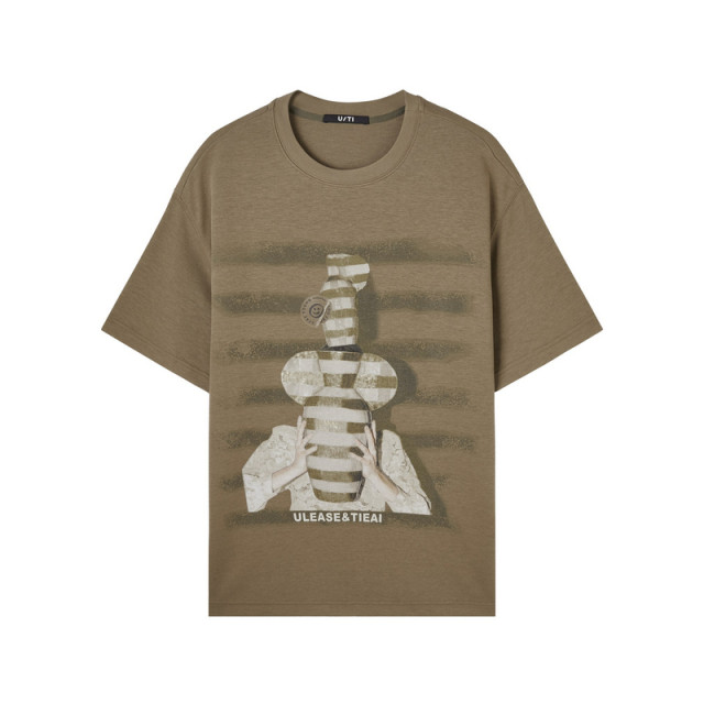U/TI military green ceramic printed art T-shirt women's clothing simple loose diamond short-sleeved Youti 2025 spring new style