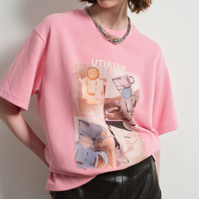 New U/TI Youti 2025 spring pink casual top printed mid-sleeved cotton short-sleeved T-shirt for women
