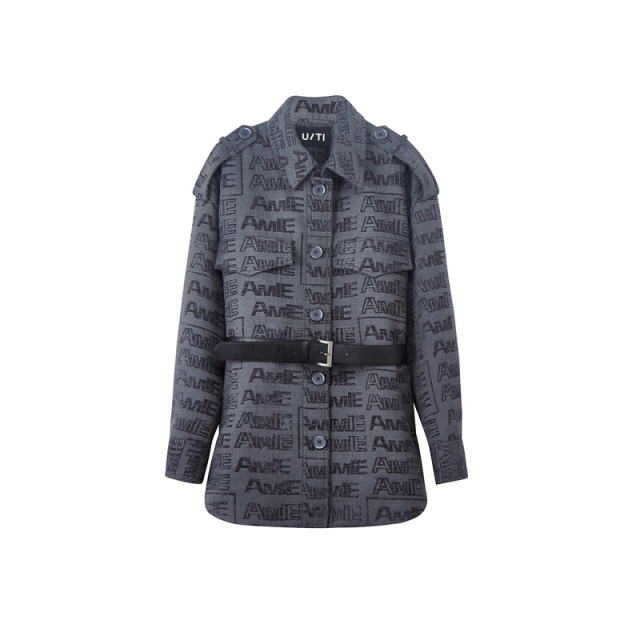 New U/TI Youti 2025 spring dark gray wide version jacket classic full-print trendy belt windbreaker for women
