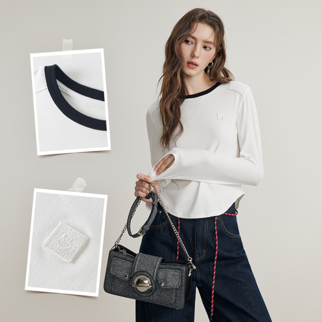 White long-sleeved round neck T-shirt, small slim base shirt, KBNE spring and autumn new spliced ​​contrasting top for women
